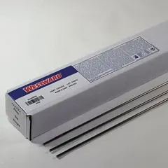 Stainless steel TIG welding rods, type ER347, with a diameter of 3/32 in and length of 36 in, supplied in a 10 lb package. As welded, these rods provide a tensile strength of 86 ksi and a yield strength of 57 ksi. Suitable for welding stainless steel components requiring corrosion resistance at elevated temperatures.