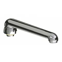 This double-bend faucet spout is constructed of brass with a polished chrome finish. It features a swivel design and laminar flow for controlled water delivery. Includes mounting hardware and uses a UNEF thread connection. Suitable for commercial kitchens, laboratories, and washrooms.