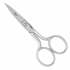 All-metal scissors with straight, pointed steel blades and a silver finish. Overall length of 4 inches with straight handles. Suitable for cutting leather and other materials in upholstery, garment manufacturing, and craft applications.