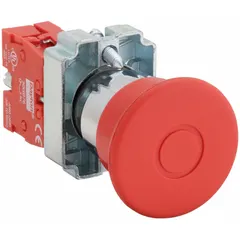 This mushroom-head push button features a non-metallic construction with a 22 mm profile and a 1NC contact configuration. It has a maintained action, meaning it locks when pressed and requires manual reset. The pressure plate terminal connection simplifies wiring. Typical applications include emergency stop functions in industrial control panels and machinery.