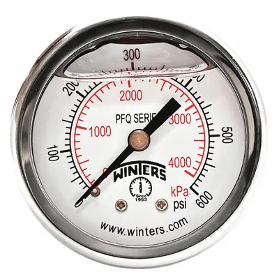 WINTERS Panel-Mount Pressure Gauge: Front Flange, 0 psi to 600 psi, 2 in Dial, 1/4 in NPT Male - Front-Flange Panel-Mount with Brass/Bronze Wetted Parts