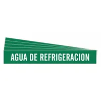 Green adhesive pipe marker with white legend text reading 'Agua De Refrigeracion'. Designed for pipes with outer diameter of 8 inches and larger. Supplied in a 5-pack without arrows. Used to identify cooling water lines in industrial piping systems