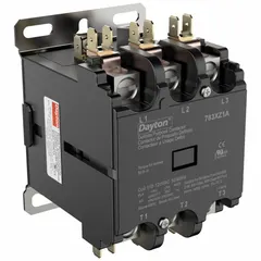 Three-pole, non-reversing definite purpose contactor with 3NO main contacts rated 63 A at 600V AC maximum. Coil voltage is 120V AC. Box lug terminals and through-panel mounting. Intended for switching loads in HVACR equipment such as compressors, fans, and pumps.