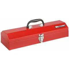 This steel tool box from WESTWARD features a single compartment for storing and organizing hand tools, parts, and small equipment. It measures 19 inches wide, 6 inches deep, and 4 inches high, with a red finish. A padlock is included for secure portable storage in workshops, garages, or job sites.