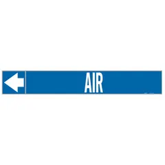 Blue adhesive pipe marker with white legend 'Air' for identifying compressed air or pneumatic piping systems. Fits pipe outer diameters of 1-1/2 to 2 inches. Each roll contains 25 markers with directional arrows.