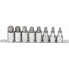 This 25-piece hex bit socket set includes 8 hex bit sockets with a 1/2 in drive size. Tip sizes range from 1/4 in to 3/4 in. The fixed insert design allows for secure engagement with hex-head fasteners. Suitable for assembly, maintenance, and repair tasks in industrial settings.