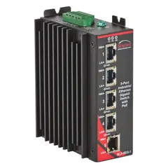 Unmanaged DIN Rail-mount Ethernet switch with five RJ45 ports supporting 10/100/1000 Base-TX network interfaces. Features redundant power inputs and accepts a maximum input voltage of 52V DC. Suitable for connecting multiple devices in industrial control networks.