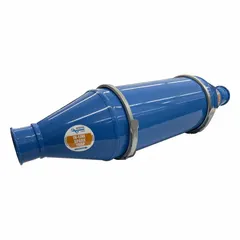 Steel spark trap for round duct systems. Blue finish with nitrile seal. Clamp-together connection. 16-inch duct diameter, 44-inch length, 18-inch width. Used in industrial dust-collection and pneumatic-conveying systems to capture and extinguish sparks or burning embers before they reach downstream equipment.