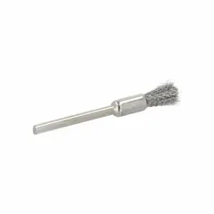 Crimped stainless steel fill brush for light cleaning of stainless steel surfaces. Used to remove oxidation, light burrs, and surface contaminants in metal fabrication, welding prep, and finishing applications. Brush diameter 1/4 in, shank 1/8 in, fill diameter 0.005 in.