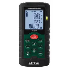 This laser distance meter measures from 2 inches to 330 feet with an accuracy of ±0.08 inches. It features a red LCD display, rubber housing, and operates on AAA batteries. The stake out distance function aids in marking layout points. Suitable for indoor and outdoor measuring tasks in construction, renovation, and real estate.