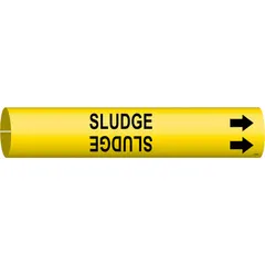 Snap-on pipe marker for identifying sludge lines in industrial piping systems. Yellow background with black legend and directional arrows. Fits pipe outer diameters from 1-1/2 to 2-3/8 inches. Single marker included.
