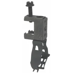 Steel beam mount for securing conduit, pipe, or cable to steel beams in electrical installations. Zinc-plated finish, 100 lb load capacity, fits beam flanges up to 1/2 in thick. Compatible with EMT conduit and #10-24 electrical boxes, for horizontal mounting.