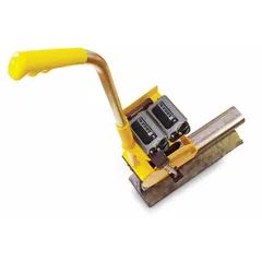 Mechanical measuring wheel for rail track distance measurement. Features a single metal wheel with a fixed handle and a 5-digit mechanical display. Measures up to 99,999 9/10 m with dual metric and SAE (feet) readouts. Suitable for outdoor use on rails.
