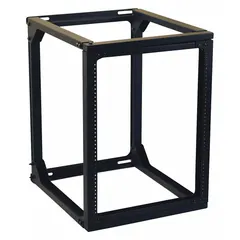 Aluminum open-frame server rack with 4-post swing-gate design. Includes magnetic level. Dimensions: 27 1/2 in x 21 1/8 in x 23 3/4 in. Used for mounting network equipment, servers, and AV gear in data closets or wall-mounted installations.