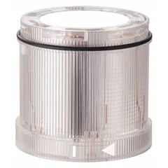 Flashing light module with clear lens for visual signaling in industrial environments. Operates on 24V DC. Compatible with KombiSIGN 72 series. Overall diameter 70 mm, height 66 mm.