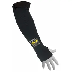 This knit heat-resistant sleeve is constructed from Kevlar® and rated for continuous exposure up to 392°F. It features an 18-inch length with a thumbhole for secure positioning. Suitable for protection against heat and light splash in industrial settings such as welding, foundries, and furnace work.
