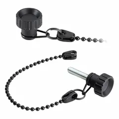 Tethered fluted knob with M5 threaded blind hole, 10 mm thread length, and 200 mm nominal tether length. Made of plastic with matte finish; tether and seal are POM-based technopolymer. Used for manual adjustment and clamping where the tether prevents loss.