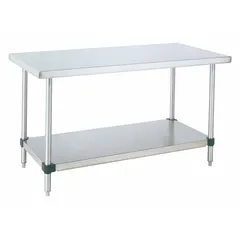 This fixed-height lab table features a stainless steel countertop in a silver finish. With an overall width of 44 inches, height of 34 inches, and length of 6 feet, it provides a durable, easy-to-clean work surface suitable for laboratory, clean room, and food processing applications.