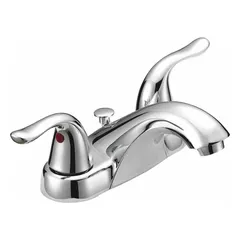 This centerset handle bathroom faucet from the Impressions Collection features a brass body with a chrome finish and a low arc spout. It has a flow rate of 1.2 gpm and includes a handle and a 50/50 pop-up drain assembly. Suitable for bathroom sinks in residential or commercial settings.