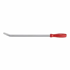 This pry bar features a chisel end and a 24-inch overall length for leverage in prying, scraping, and demolition tasks. The bar width is 1/2 inch with an end width of 13/16 inch. It has no nail slots and includes a tri-lobe handle for comfort during use.