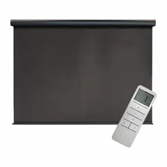 This motorized sun shade from the Regal Series features a dark brown fabric with an 8 ft height and a 6 ft oil-rubbed bronze valence. It operates via remote control and includes a cable tie-down system. Suitable for outdoor applications such as patios, pergolas, and terraces for sun protection and glare control.