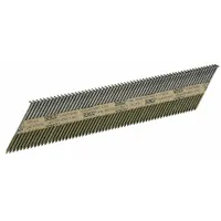 These 3-inch collated framing nails feature a clipped head and smooth shank for use in pneumatic nailers. The diamond point aids penetration in wood framing, sheathing, and truss assembly. Supplied in a 2,500-count pack with plain finish