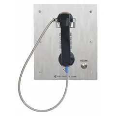 Rugged telephone for hazardous areas with stainless steel construction and armored design. Wall-mounted, keypad interface, PSTN compatible. Suitable for outdoor commercial use in demanding environments.