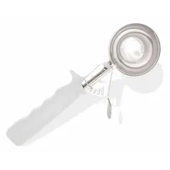 This #6 disher has a 4.7 oz capacity and a 3-inch bowl diameter. It is constructed with an 18-8 stainless steel bowl and plastic handle, featuring a thumb-operated release. NSF certified for sanitation, it is used for portioning food items such as dough, batter, or ice cream in commercial kitchens and food service operations.