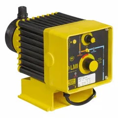 Compact solenoid-driven diaphragm metering pump with PVC head, PTFE diaphragm, and ceramic check balls. Operates at 115V AC, delivers up to 60 gpd with ±1.0% reproducibility. Seals are PVDF/Polyprel, fittings are PVC. Suitable for precise chemical dosing in water treatment, industrial processing, and chemical injection applications.