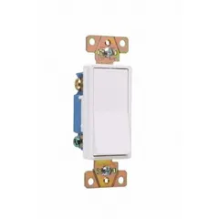 This 3-way rocker wall switch is maintained, meaning it stays in the selected position until manually toggled. Rated 120/277V AC and 15 A, it is suitable for controlling lighting or loads from two locations, commonly used in hallways, staircases, and large rooms. The switch is non-illuminated and comes in a white finish.