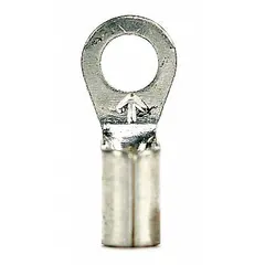 Non-insulated ring terminal with butted barrel and seam construction. Rated for 600 V, accommodates 8 AWG wire, and fits a 1/4 in stud. Used for power distribution, control panels, and heavy equipment wiring.