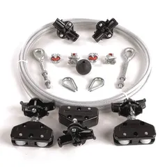 This wire rope festoon kit supports and guides round cables or hoses along a 20 ft track. It includes clamps and requires a minimum of 32 ft of cable or hose. Suitable for overhead crane systems, hoists, and moving machinery where flexible cable management is needed.