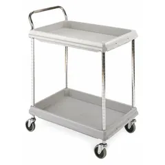 This polymer lab cart from INSTOCK features two shelves and a gray finish. With an overall width of 27 inches and height of 33 1/4 inches, it is designed for transporting supplies, instruments, and samples in laboratory and industrial settings. The polymer construction resists corrosion and facilitates cleaning.