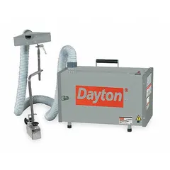 Portable welding fume extractor with 230 cfm airflow, 10 ft hose, and MERV 17 filter. Captures and filters airborne contaminants from welding operations. Operates at 77 dB sound level, requires 120V nominal input voltage. Suitable for fabrication shops, manufacturing facilities, and maintenance workshops.