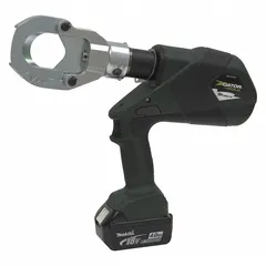 Pistol grip, guillotine-action cable cutter powered by Makita 18V LXT platform. Cuts copper and aluminum cable up to 2 inches. Includes two 4 Ah batteries. Used for cutting large-gauge conductors in electrical and utility applications.