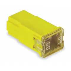 Female cartridge fuse with time-delay characteristics, rated 60 A at 32 V DC. Yellow body indicates amperage rating. Suitable for overcurrent protection in DC circuits such as automotive auxiliary power systems.