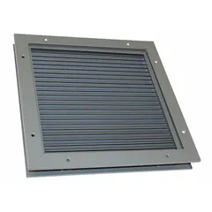 This steel door louver with a gray primer finish is designed for installation in doors to provide passive ventilation. It fits a rough opening of 16 1/2 inches high by 24 1/2 inches wide. Commonly used in commercial or industrial settings such as mechanical rooms, warehouses, or utility closets to allow airflow while maintaining door security.