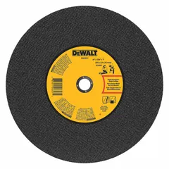 This DEWALT cut-off wheel is a Type 1 general-purpose abrasive wheel for cutting carbon and stainless steel. It measures 14 inches in diameter with a 7/64-inch thickness and a 1-inch arbor hole. The wheel is constructed with aluminum oxide abrasive in a 24 grit A24R grade. It is suited for industrial fabrication, metalworking, and maintenance tasks requiring clean cuts.