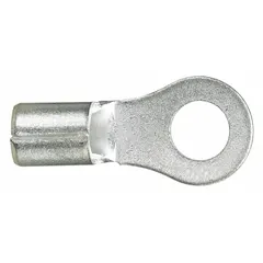 Non-insulated ring terminal for #8 studs, accepting 18 AWG to 14 AWG wire. Rated for 2000 V. Serrated barrel ensures secure wire grip. Suitable for industrial electrical terminations in panels, control cabinets, and machinery.