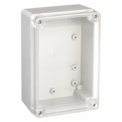 This nonmetallic enclosure is constructed of gray polycarbonate with a clear cover, measuring 3 in x 3 in x 2 in. Rated NEMA 4, it provides protection against dust, rain, and hose-directed water, suitable for housing electrical controls, terminals, and instruments in indoor or outdoor industrial environments.