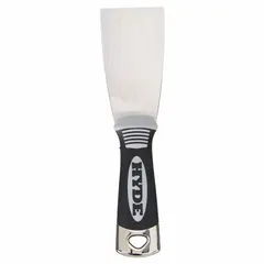 Corrosion-resistant spreading tool with a stainless steel blade and plastic handle. Straight blade shape for applying and smoothing putty, filler, or adhesive on surfaces. Suitable for indoor and outdoor building maintenance tasks.