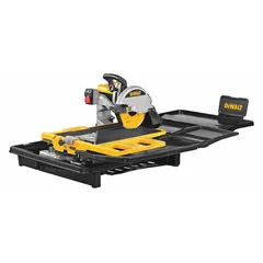 This wet tile saw is powered by a 15 A motor at 120 V AC and accepts 10-inch blades. It achieves a maximum cutting depth of 3 3/8 inches and includes a Cutting Cart Side Extension for supporting larger workpieces. Suitable for cutting ceramic, porcelain, and stone tiles in professional settings.