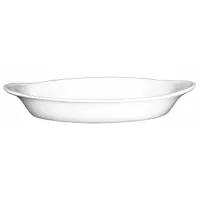 This vitrified stoneware dish in European White is oven safe and measures 8 1/2 inches long by 4 1/8 inches wide with a 1 1/4 inch depth. It is suitable for preparing and serving individual portions of Welsh rarebit, au gratin dishes, and other oven-baked appetizers or sides in commercial kitchens and foodservice operations