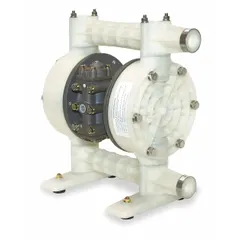 This air-operated double-diaphragm pump features a polypropylene housing with 1-inch NPT connections, delivering a flow rate of 49 gpm and a maximum head of 231 ft. The seat material is PP, and the check valve material is EPDM. Suitable for transferring corrosive or abrasive fluids in industrial processing, chemical handling, and wastewater applications.
