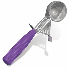 This #40 thumb disher from CRESTWARE features a 1 5/8 in bowl diameter and 0.9 oz capacity, constructed with an 18-8 stainless steel bowl and plastic handle. NSF certified for food safety, it is suited for portioning soft foods such as cookie dough, mashed potatoes, or ice cream in commercial foodservice settings.