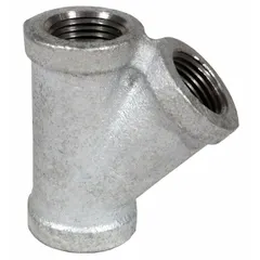 This ANVIL wye fitting is made of malleable iron with a zinc-galvanized finish. It has four 2 1/2 in connections and is rated for a maximum operating pressure of 1000 psi at 150°F. Used to split or combine flow in high-pressure piping systems such as fire protection, industrial water, and compressed air lines.