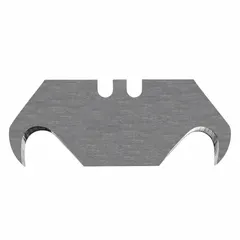 Steel straight-edge hook-tip replacement utility blades with a blade length of 2-5/8 inches and width of 2 inches. Supplied in a 100-pack. The hook tip enables flush cutting against surfaces, suitable for cutting cardboard, plastic, and roofing felt in packaging, construction, and maintenance tasks.