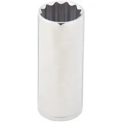 This 1/2" drive hand socket features a 12-point deep design for use with 3/8" SAE fasteners. Constructed from chrome, it is suited for tightening or loosening hex nuts and bolts in automotive repair, machinery maintenance, and general industrial assembly.