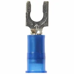 Nylon-insulated locking fork terminal rated for 600 V. Accepts 16 AWG to 14 AWG wire and fits #8 stud size. Insulation grip barrel style provides secure crimping. Used for reliable connections in control panels and power distribution systems.