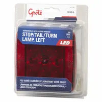 Red LED stop light for trucks, trailers, and heavy equipment. Square shape with stud mount and blunt cut wires. Complies with FMVSS 108. Overall height 4 3/4 in, width 4 13/16 in